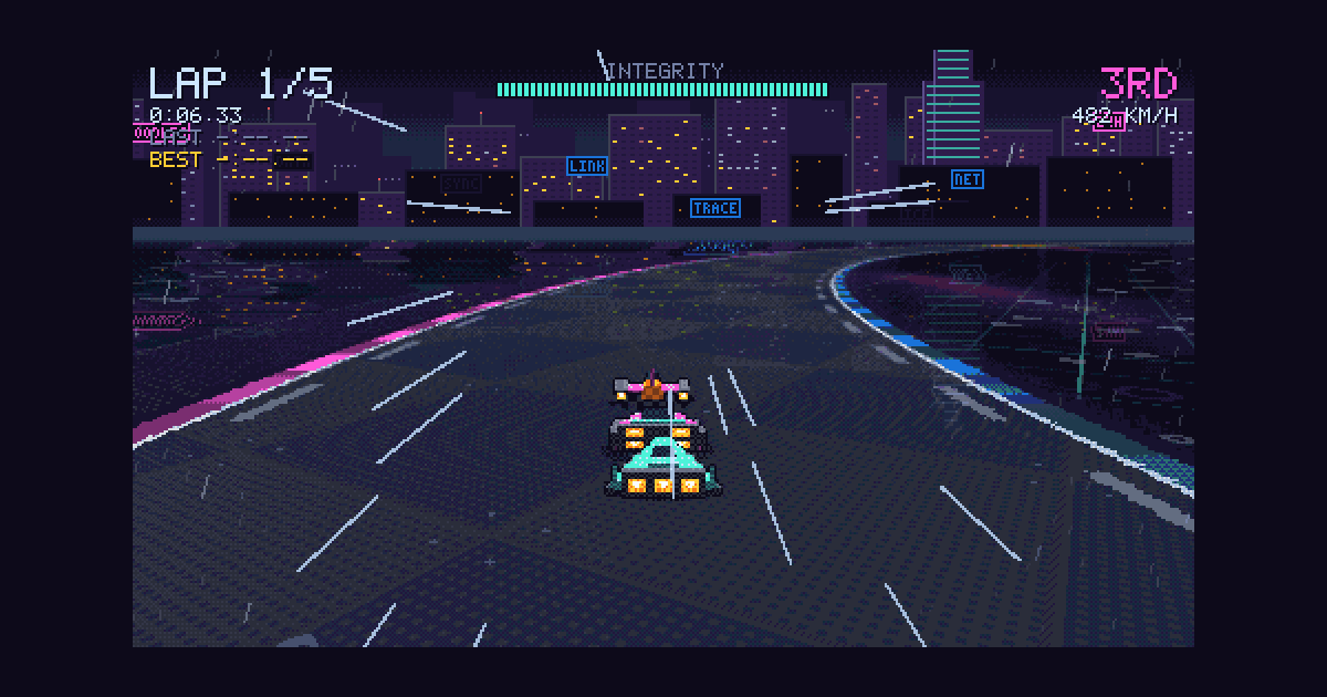 Racing through a rainy neon city at night, third place on lap one.